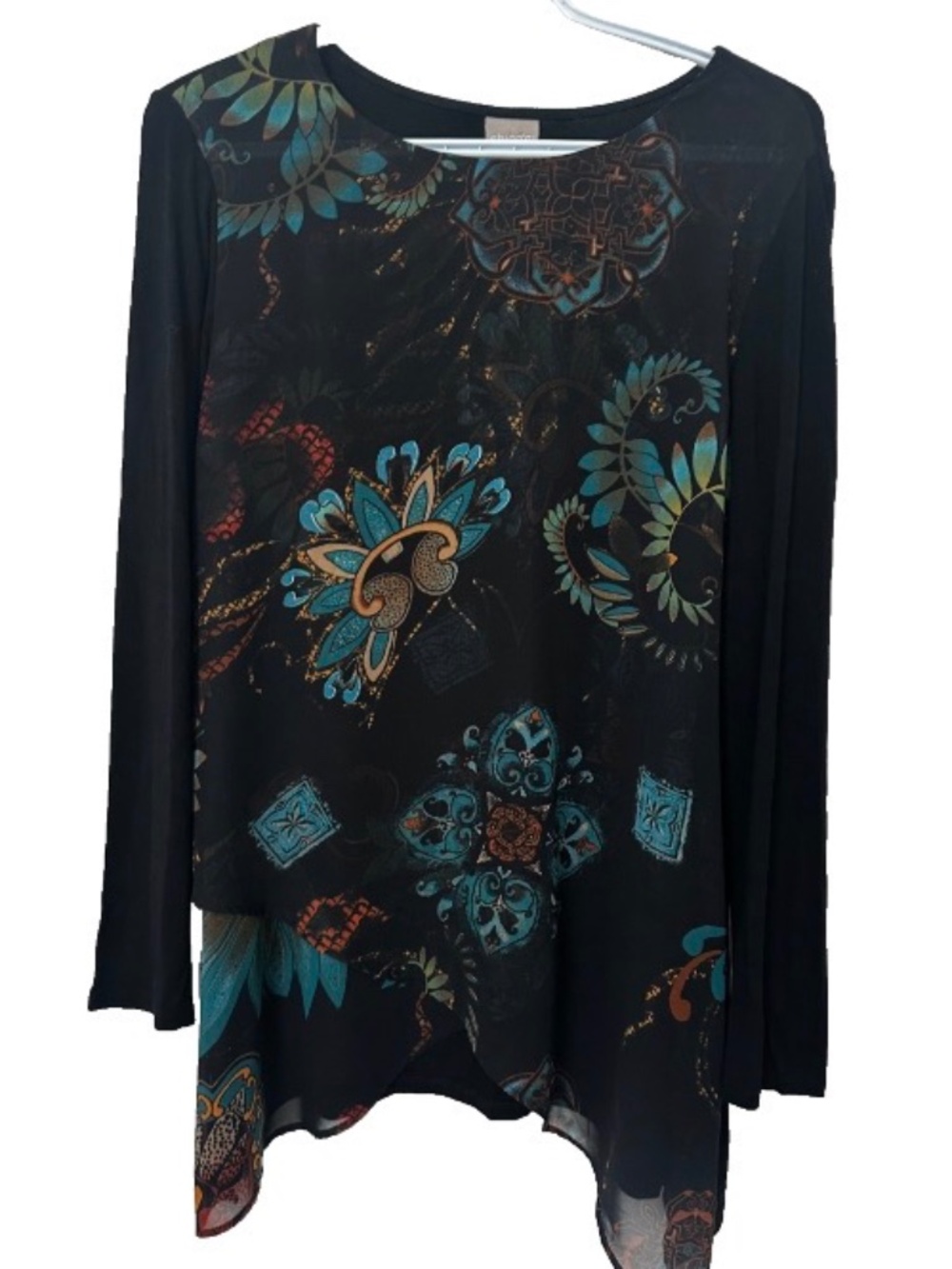 Chico's Size 1(M/8) mGorgeous Black Floral Sheer Overlay Top W/ Asymmetrical Hem